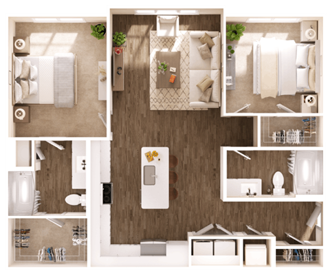 a 3d drawing of a bedroom with a bathroom and a living room
